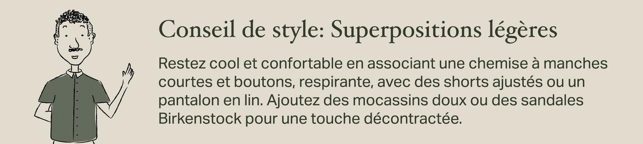 Fond beige avec écriture et homme animé faisant référence à un conseil de style