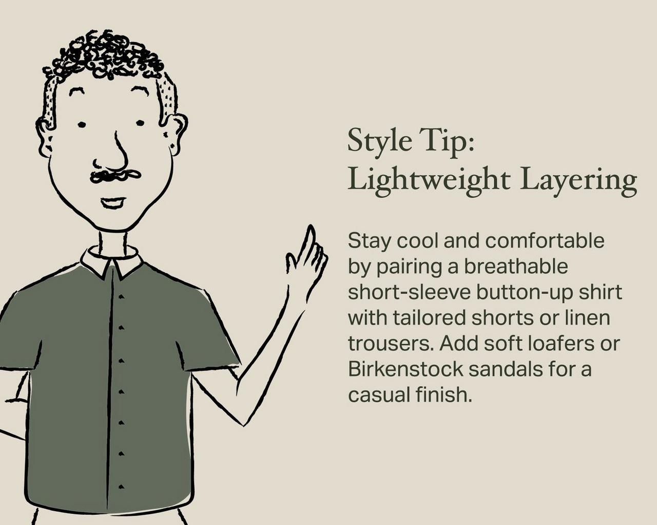 Beige background with writing and animated man referencing a style tip