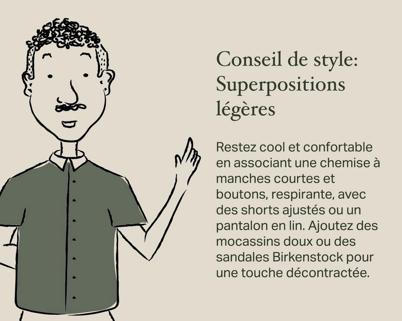 Fond beige avec écriture et homme animé faisant référence à un conseil de style