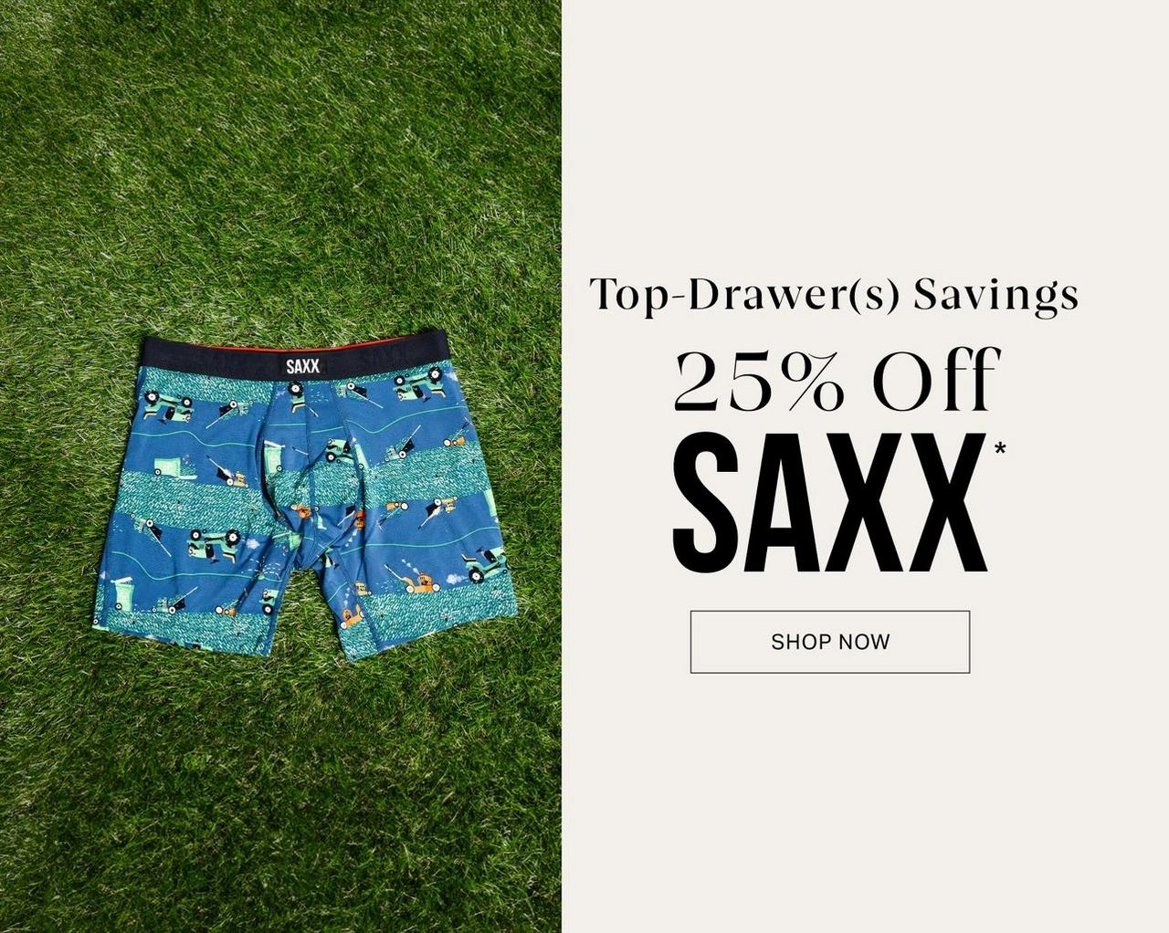 Blue SAXX underwear signifying offer of 25% off