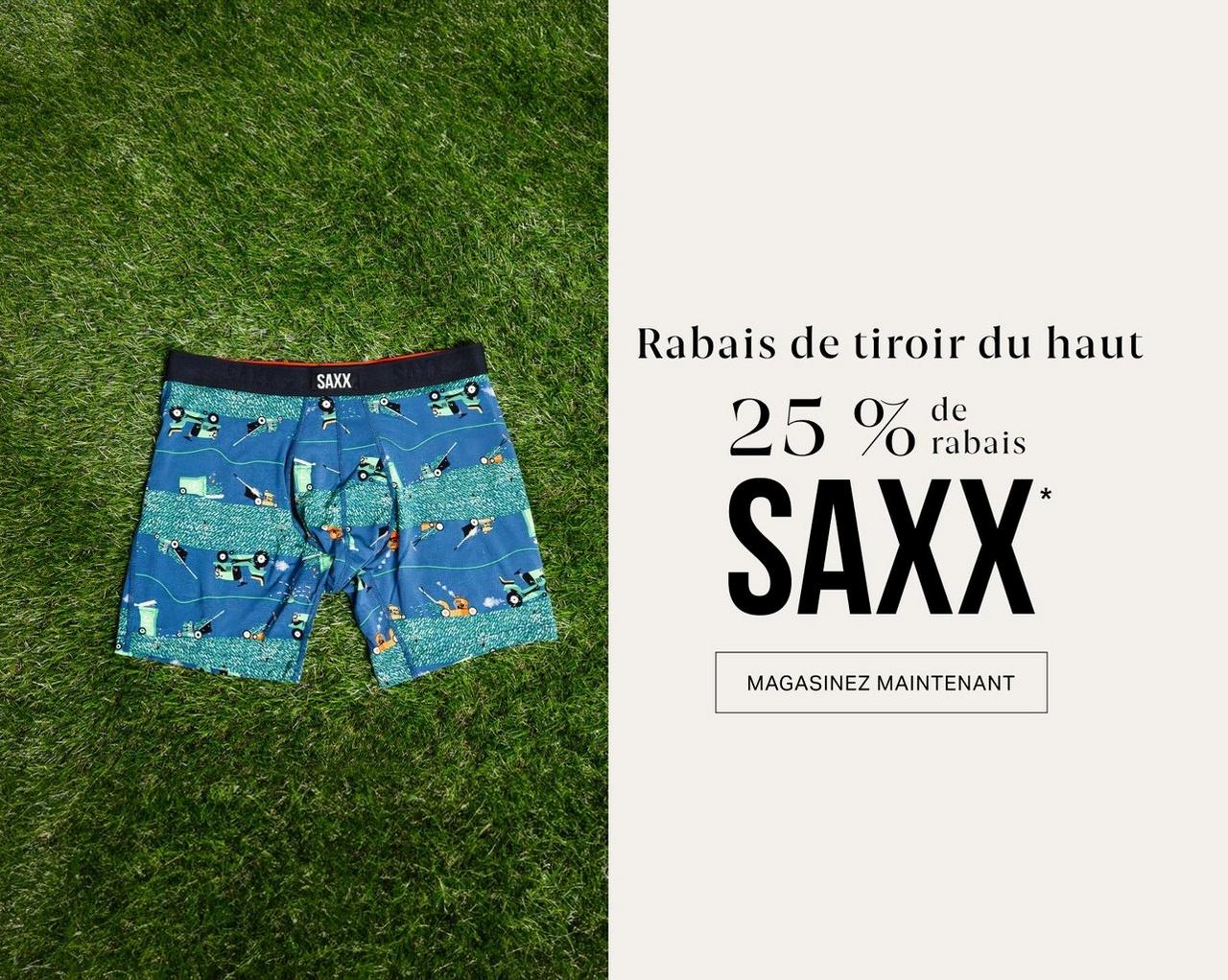 Sous-vêtements bleus SAXX signifiant une offre de 25 % de réduction