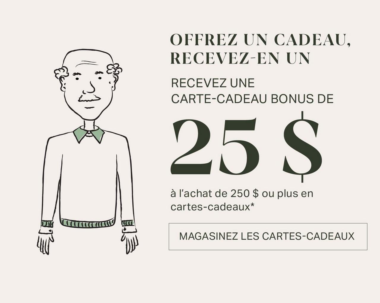 Illustrations de deux papas en référence à l'offre de carte-cadeau chez Harry Rosen