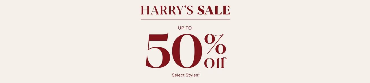 Beige banner signifying up to 50% off at Harry Rosen
