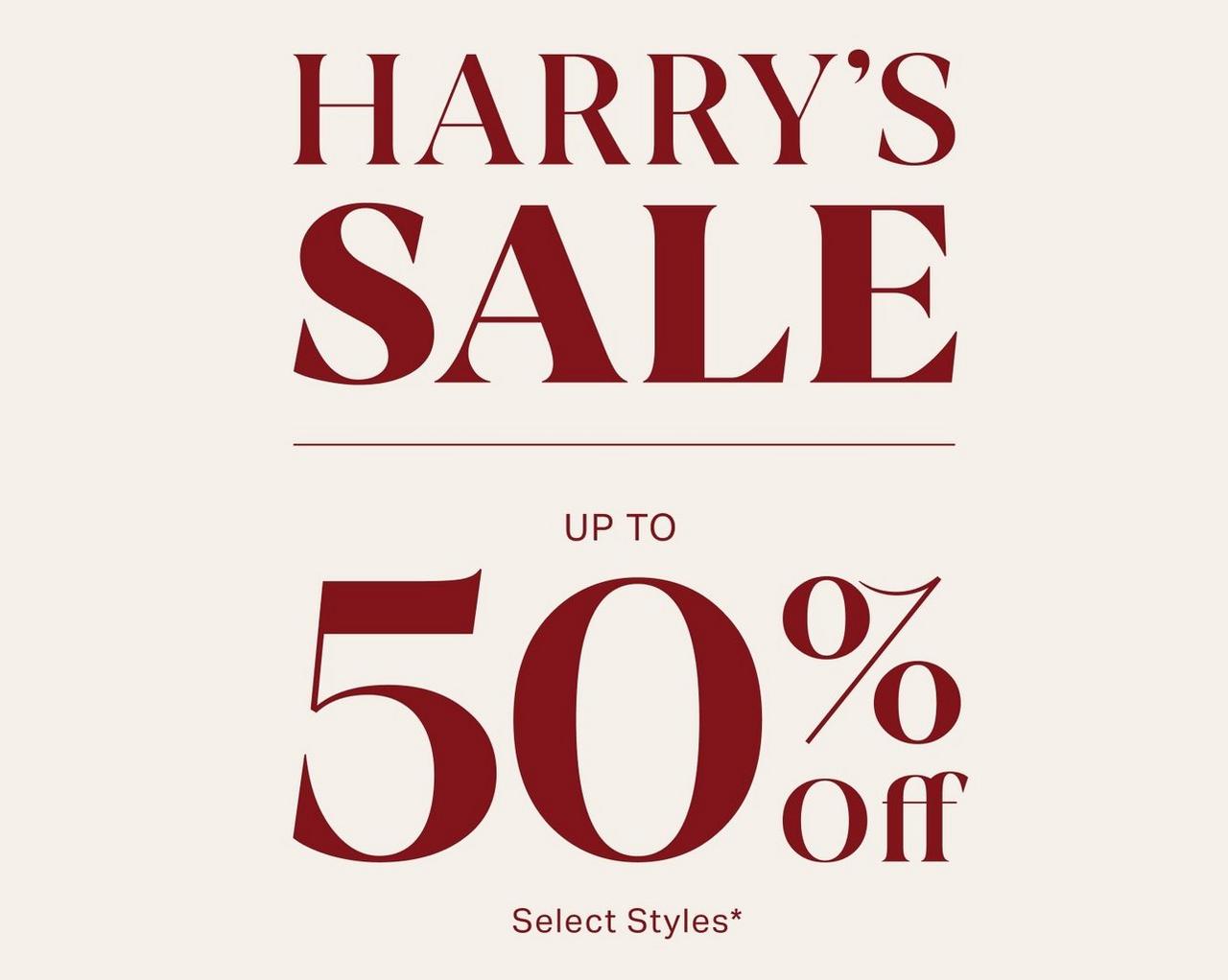 Beige banner signifying up to 50% off at Harry Rosen