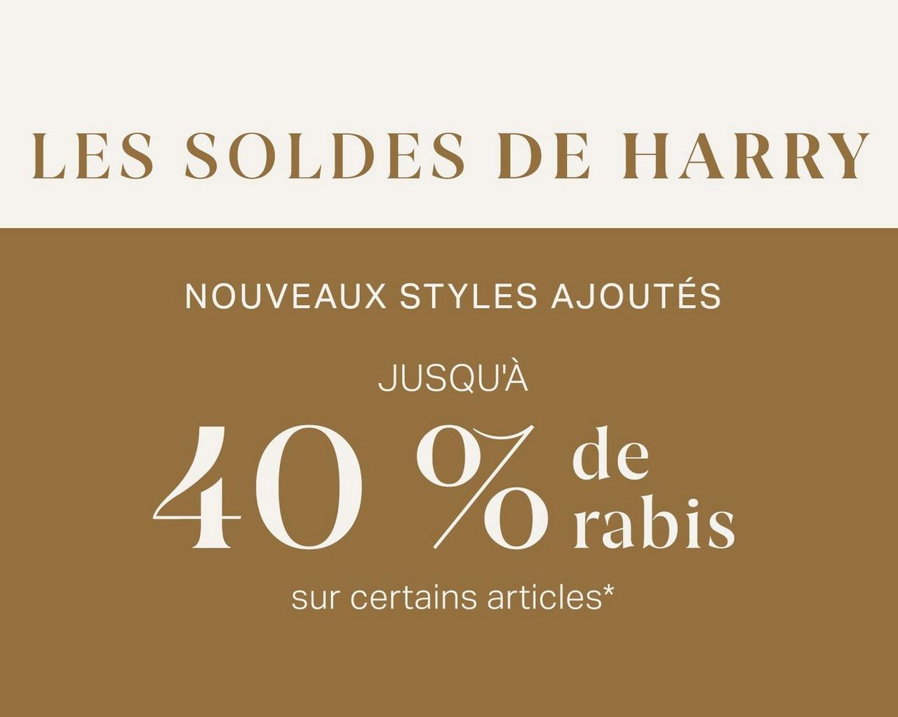 Bannière beige indiquant jusqu'à 40 % de réduction chez Harry Rosen