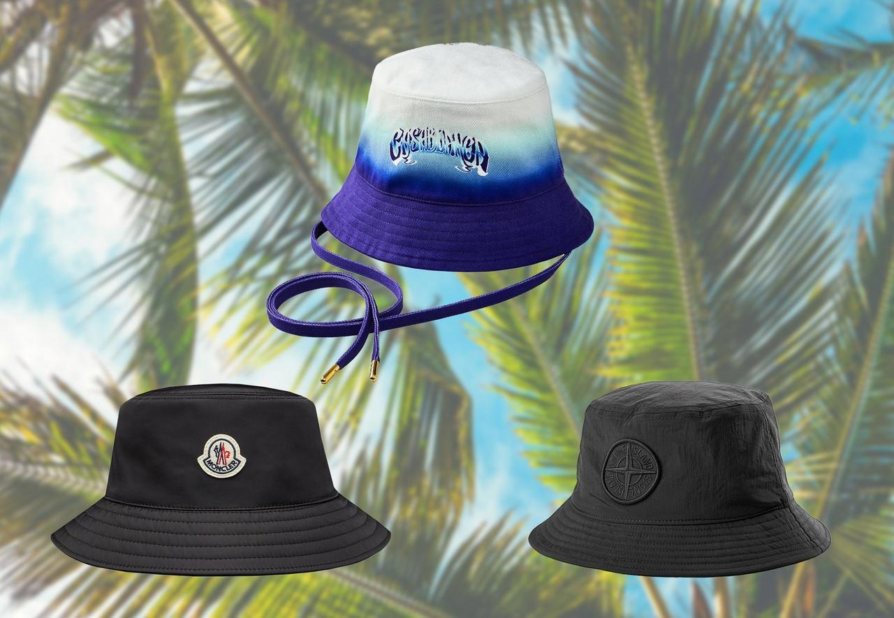 Un chapeau bob Casablanca, un chapeau bob Moncler noir, un chapeau bob Stone Island noir