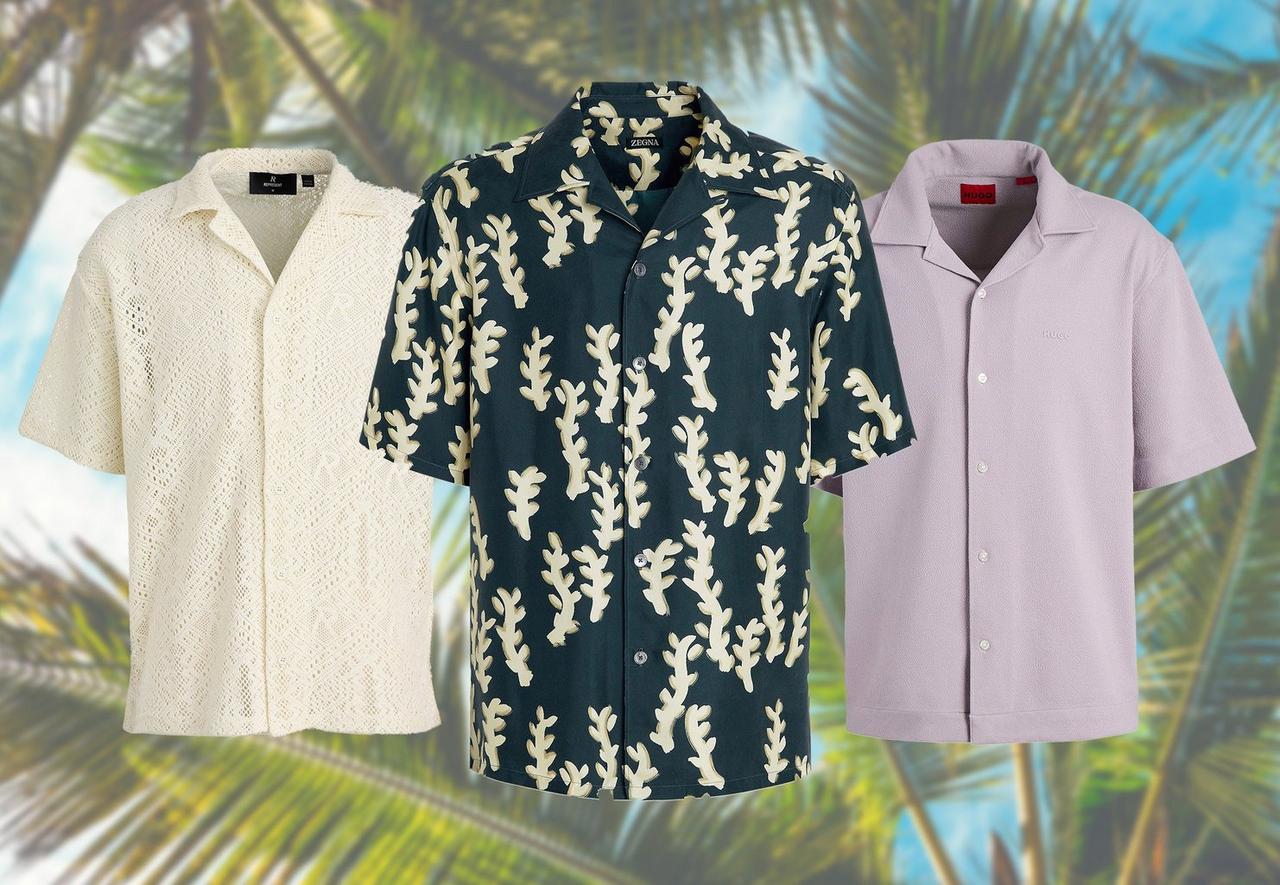 Une chemise à col camp brodée jaune RPRESENT, une chemise à col camp corail ZEGNA, une chemise à col camp violette HUGO