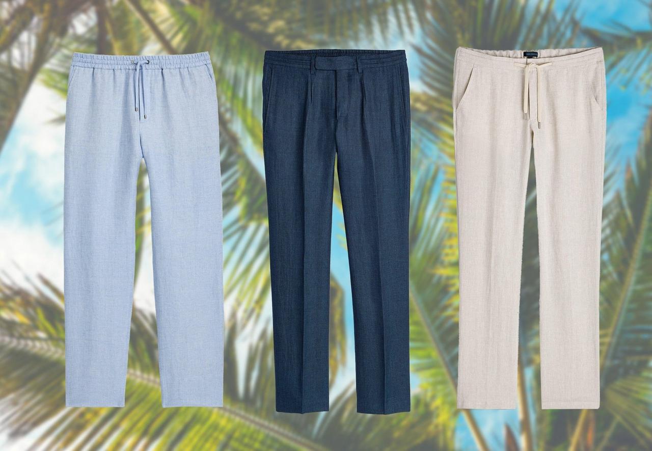 Un pantalon en lin bleu clair Agnona, un pantalon en lin bleu marine Patrick Assaraf, un pantalon en lin blanc Patrick Assaraf