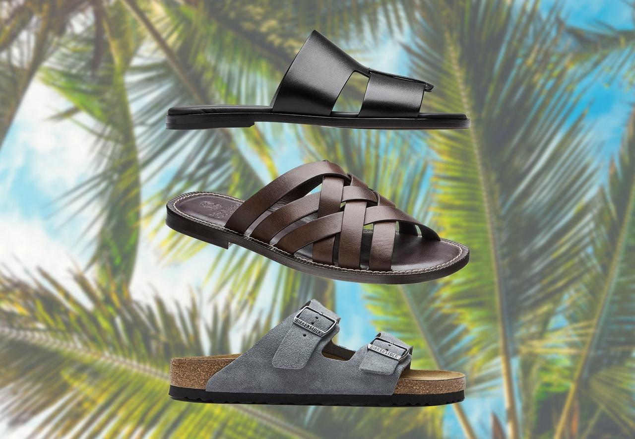 Une sandale Brunello Cucinelli marron, une sandale Birkenstock grise et une sandale noire Prada