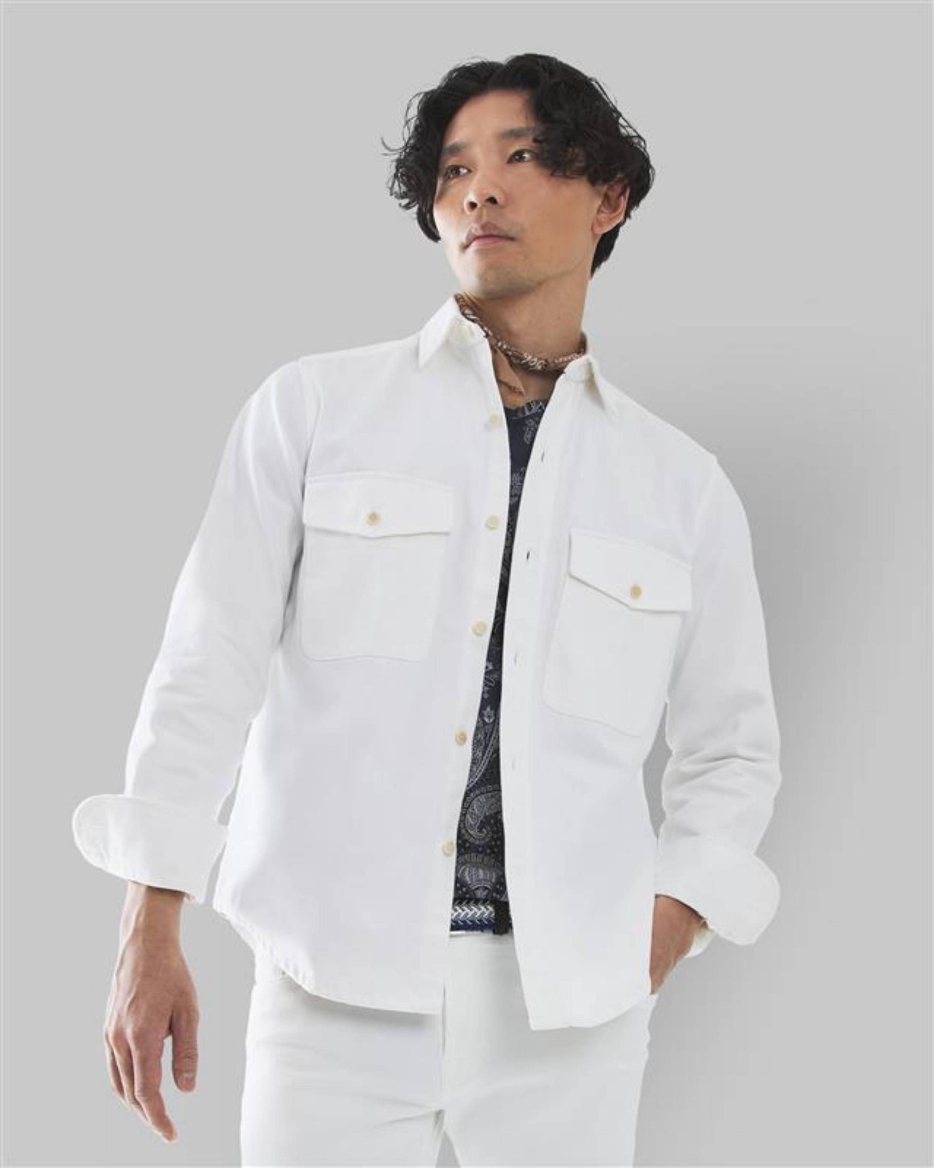 Male model wearing white soft jacket for Spring