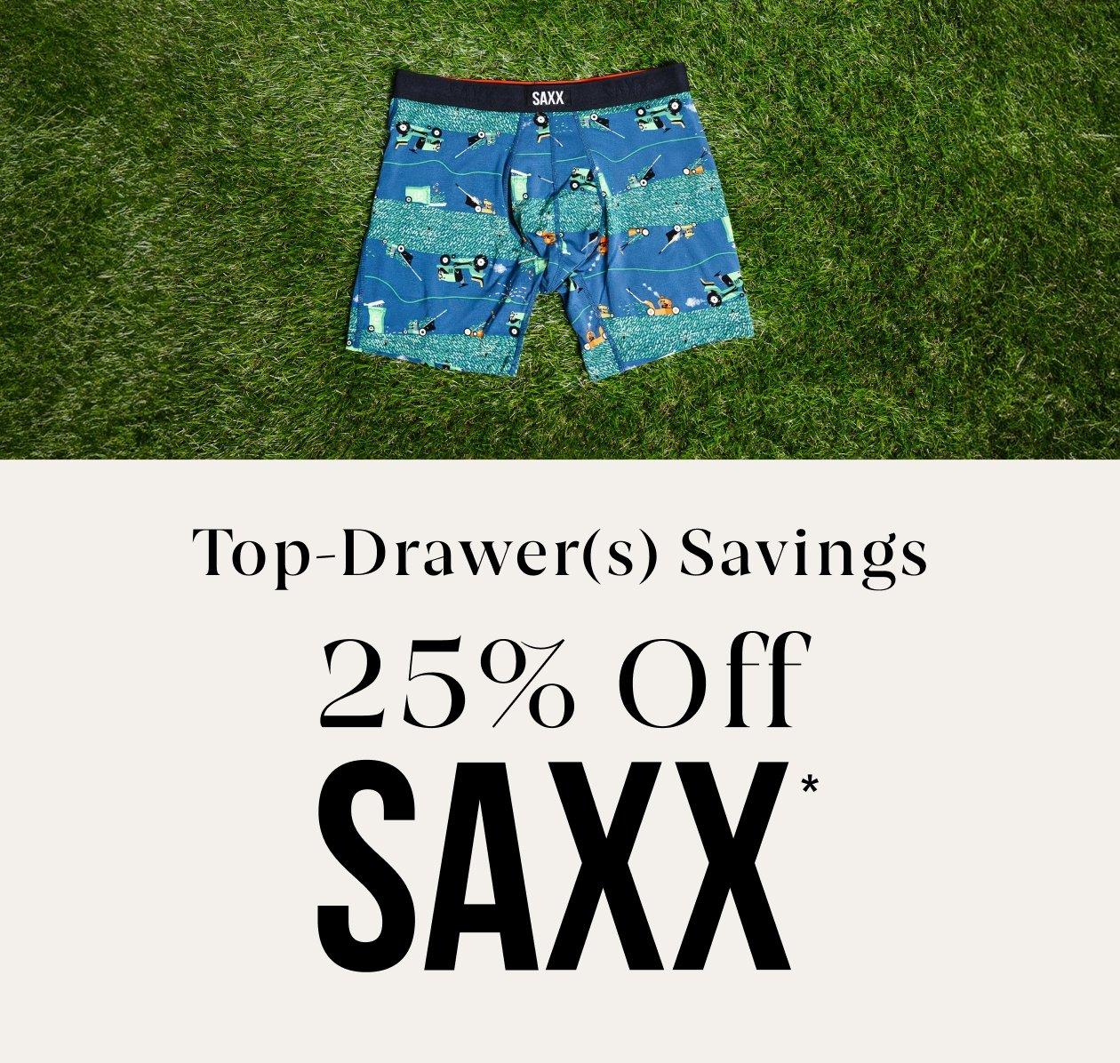 Blue SAXX underwear signifying offer of 25% off