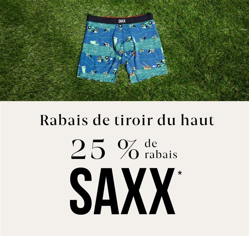 Sous-vêtements bleus SAXX signifiant une offre de 25 % de réduction