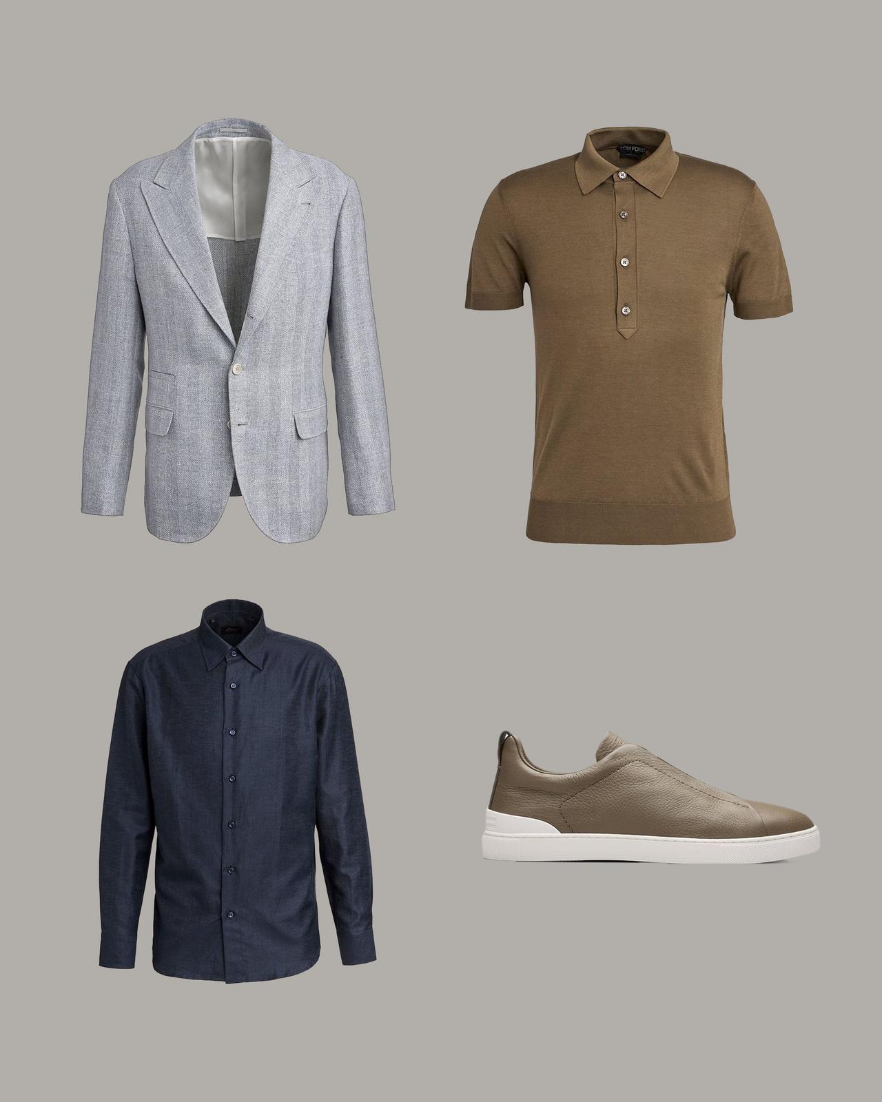 Quatre vêtements exposés illustrant les sélections du personnel, les nouveautés printemps-été 2025
