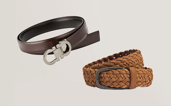 Two different types of belts on a beige background