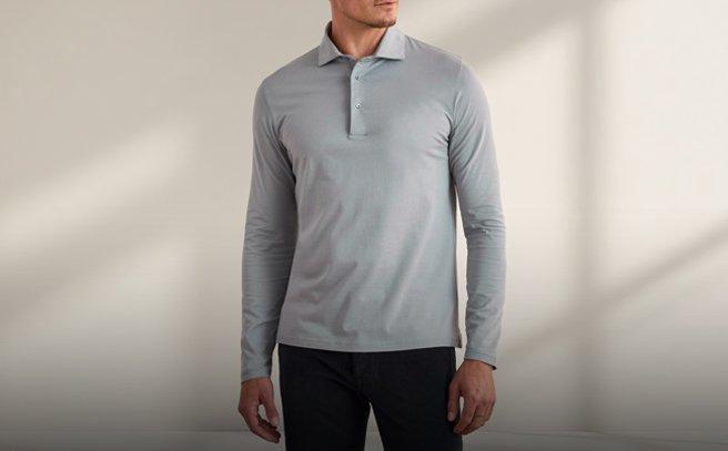 Male model wearing a grey long sleeve casual shirt