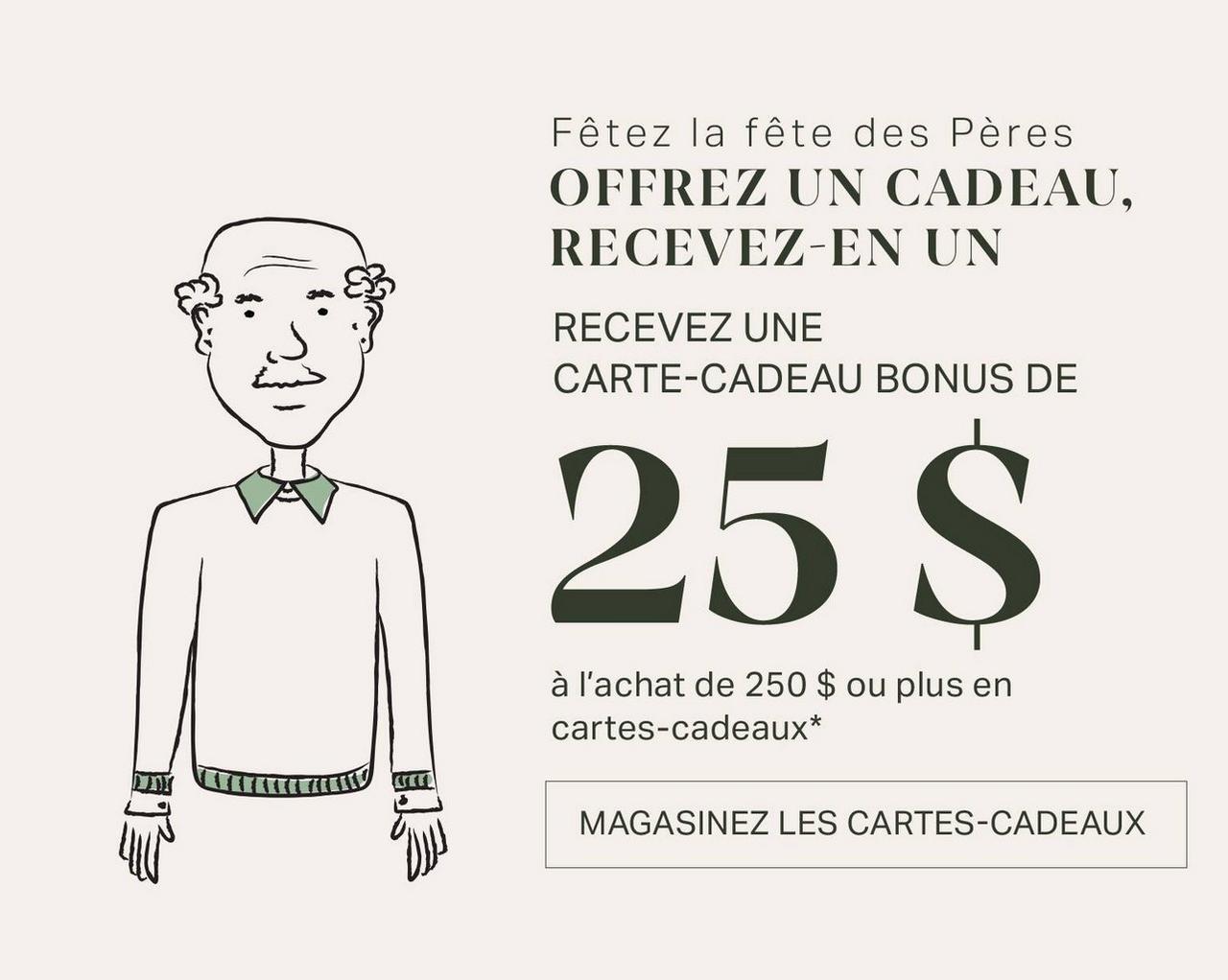 Illustrations de deux papas en référence à l'offre de carte-cadeau chez Harry Rosen