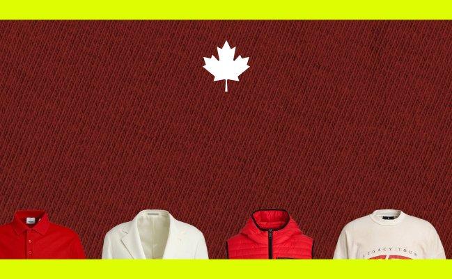 A row of Canadian-themed apparel, including a red shirt, a white blazer, a red zip-up vest, and a white sweatshirt
