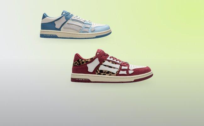 Deux paires d'espadrilles basses Amiri Skel Top : l'une en bleu et blanc, et l'autre en rouge avec un accent à imprimé léopard