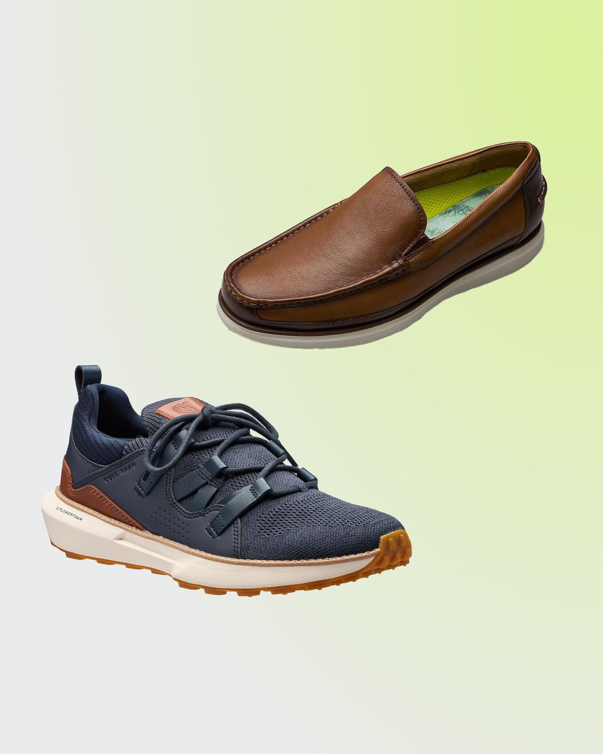 A Cole Hann brown leather loafer and a Florshem sneaker