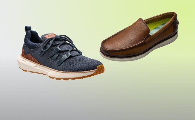 A Cole Hann brown leather loafer and a Florshem sneaker