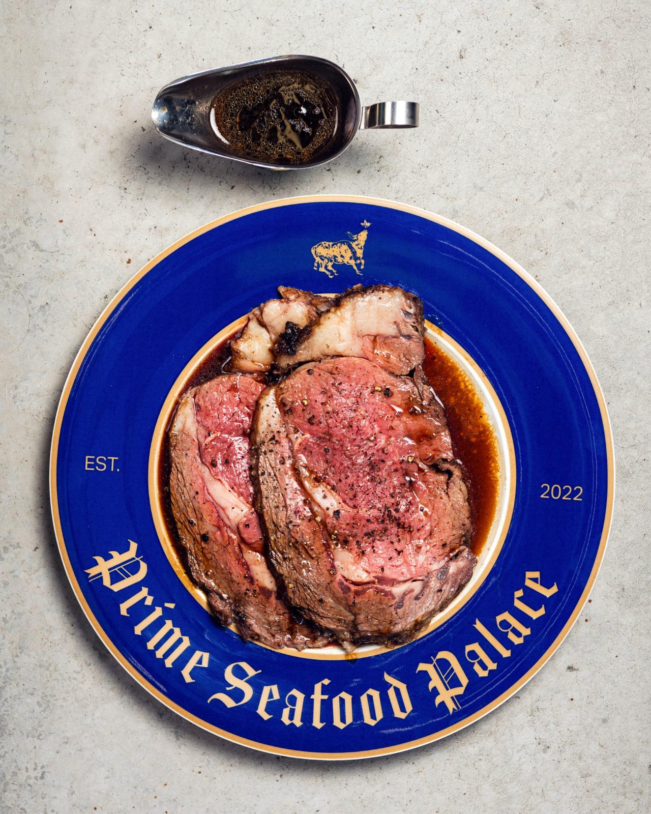 A plated roast beef dish from Prime Seafood Palace in Toronto