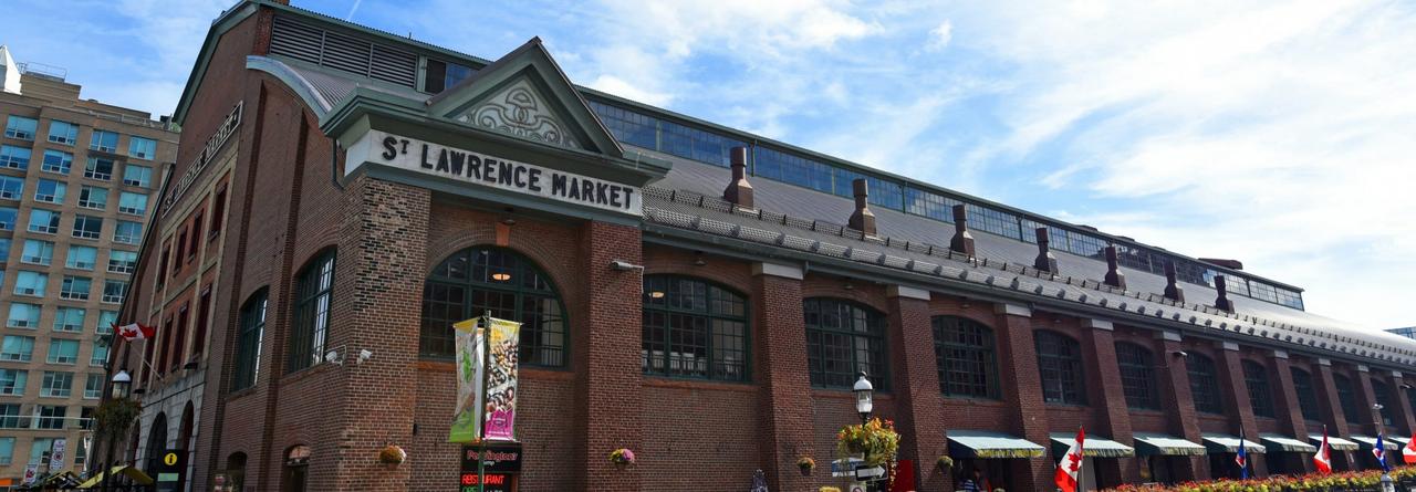 St. Lawrence Market in downtown Toronto, with its distinctive red-brick façade and arched windows