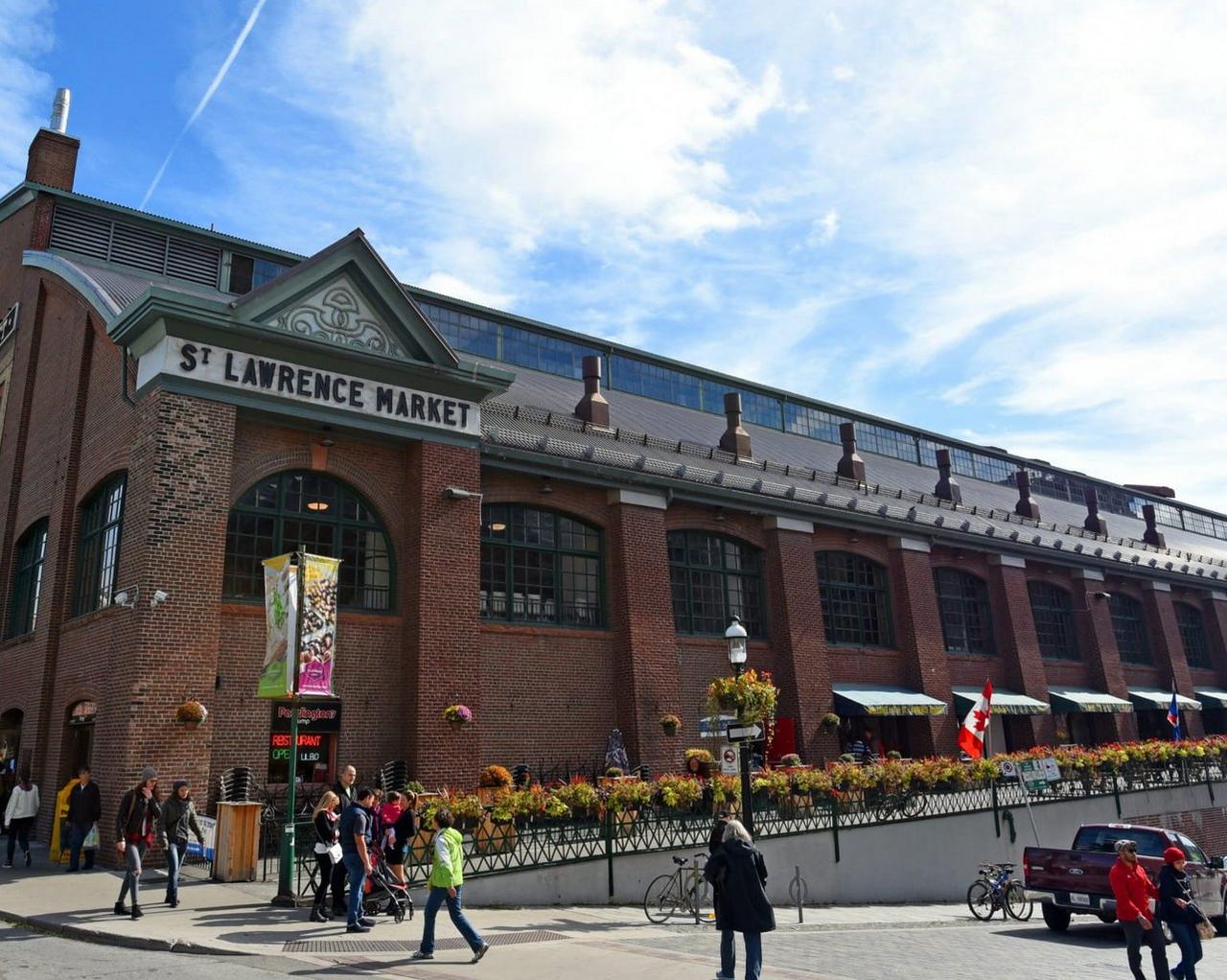 St. Lawrence Market in downtown Toronto, with its distinctive red-brick façade and arched windows