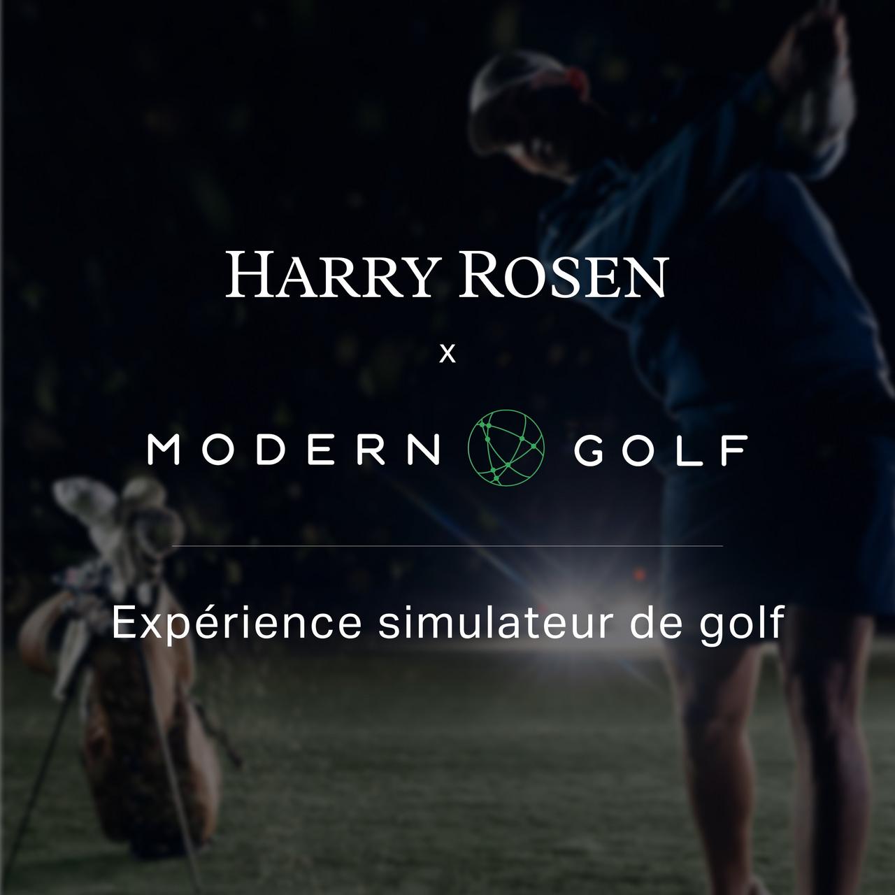 Un homme jouant au golf en arrière-plan, avec une image présentant de l’information sur l’expérience de simulateur de golf de Harry Rosen