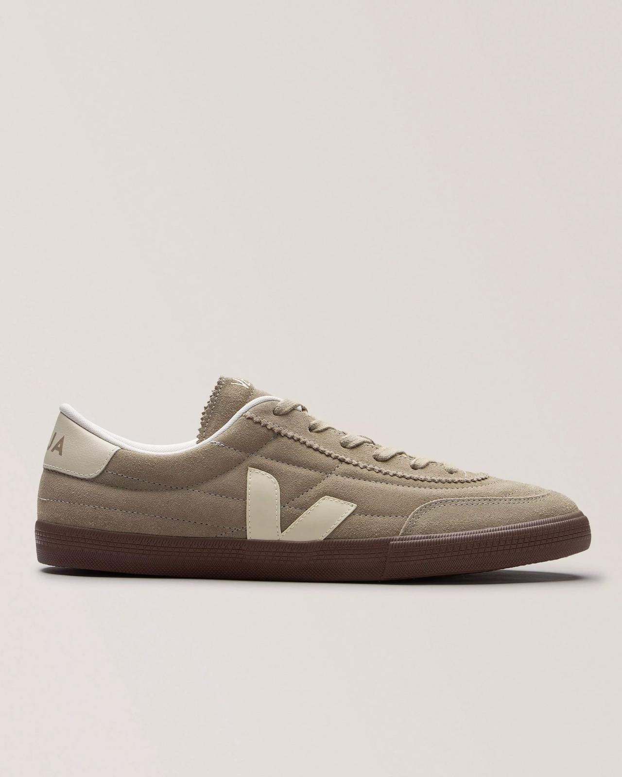 Veja Panenka Suede Sneaker in a muted taupe colorway with a white "V" logo and brown sole