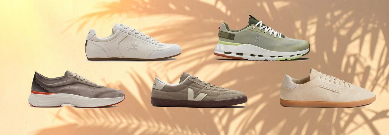 Une sélection de chaussures sport décontractées pour hommes dans des tons neutres, notamment des modèles blancs, gris et beiges