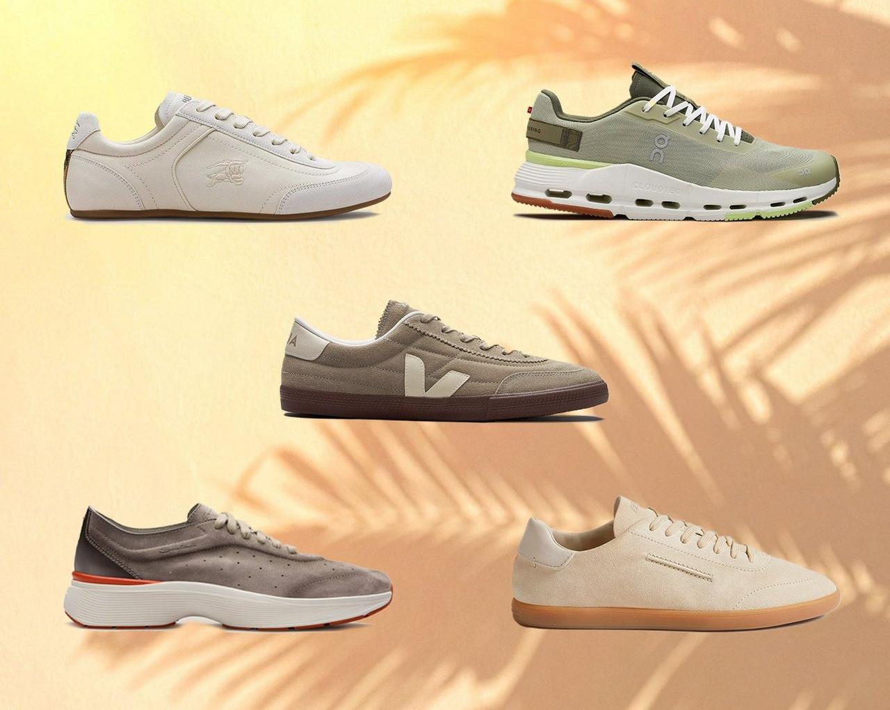 A selection of men's casual sneakers in neutral tones, including white, grey, and beige styles