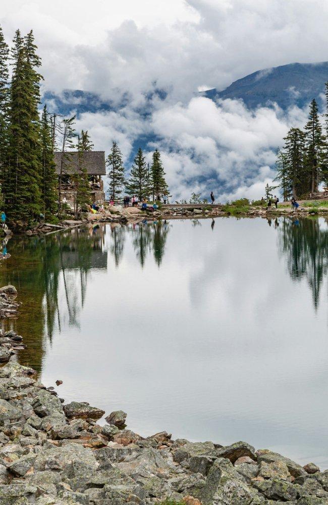 A wooden lodge along the shores of Lake Louise in Banff National Park