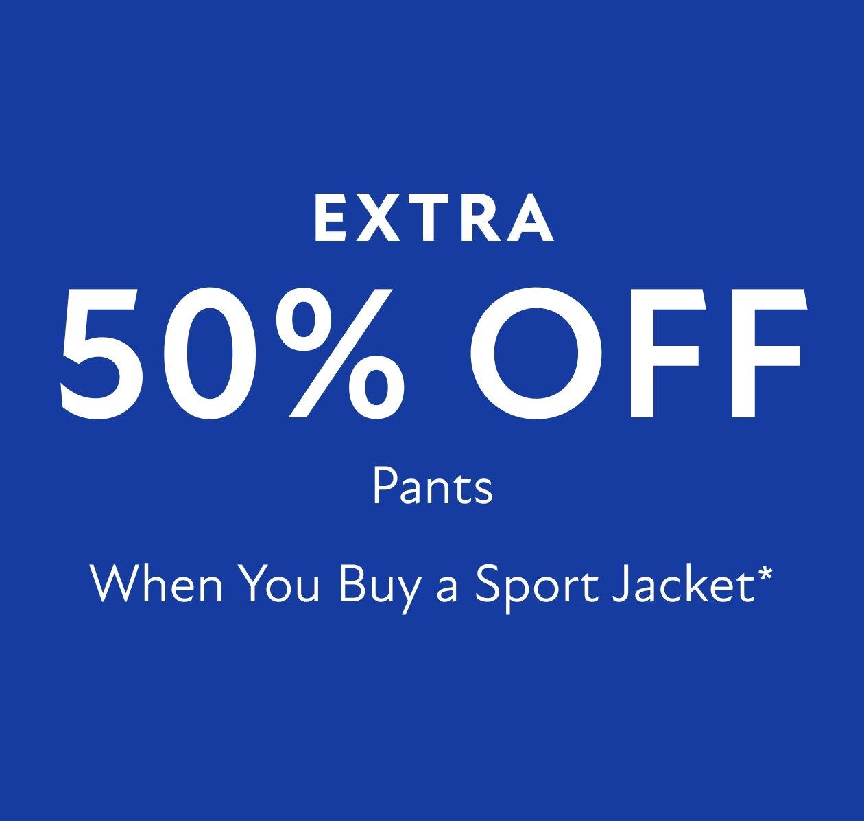 A dark blue background image showing extra 50% off on pants when you buy a sport jacket