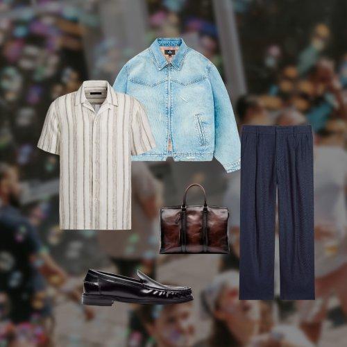 Tenue pour homme comprenant une chemise beige rayée à manches courtes, une veste en jean, un pantalon bleu marine, des mocassins noirs et un cabas en cuir marron