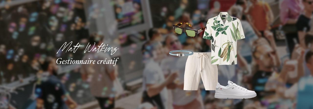 Un collage montrant des vêtements, des chaussures et des accessoires pour hommes