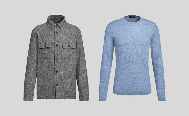 Surchemise grise Patrick Assaraf portée avec une chemise bleu pâle à manches longues, sur fond gris