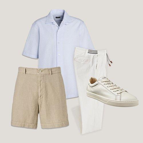 Zegna chemise, Tod's chausseurs sport, Brunello Cucinelli shorts, et Eleventy pantalons