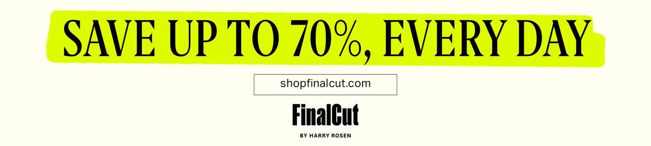 Bannière Web affichant les pourcentages de réduction chez FinalCut de Harry Rosen.