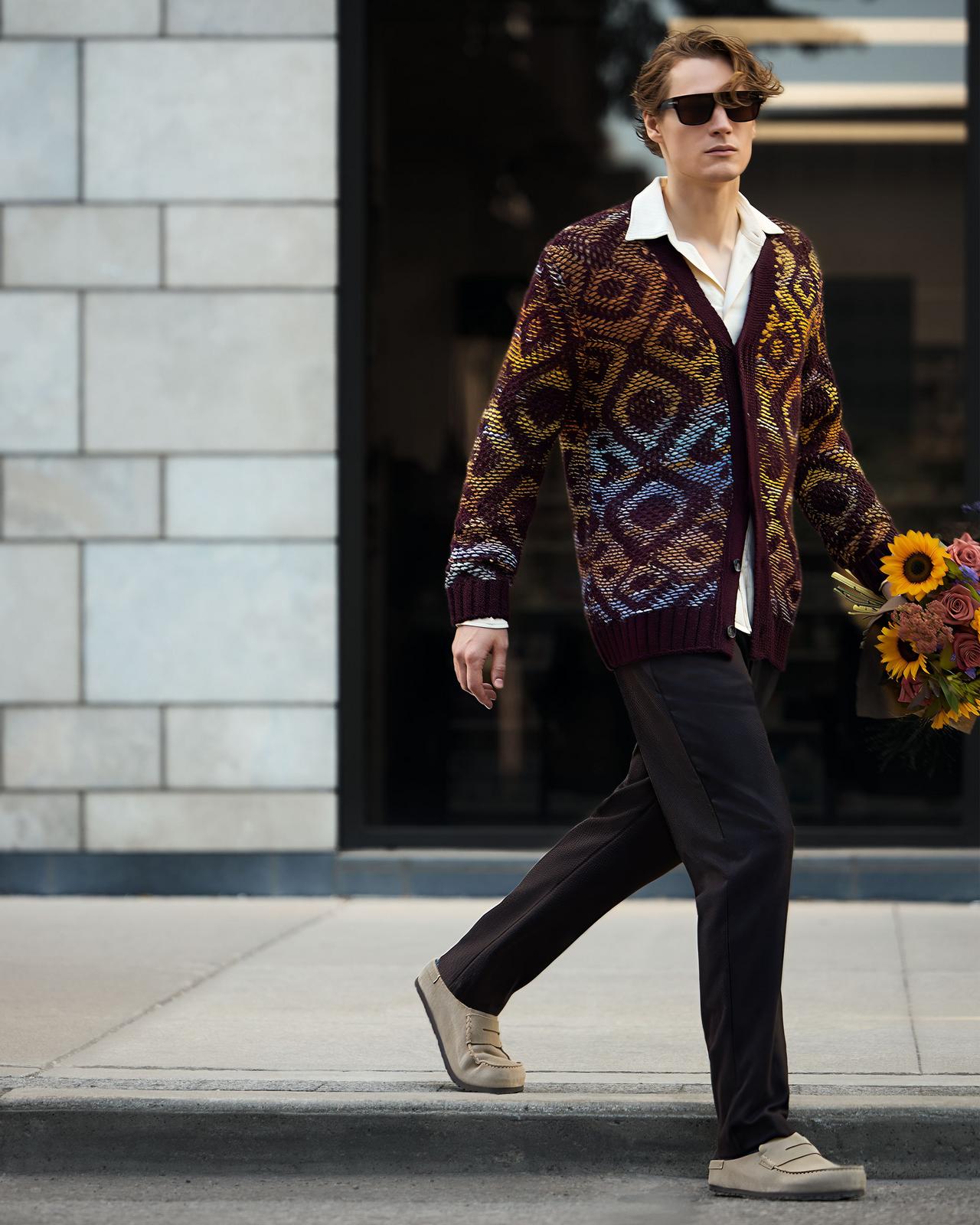 Homme portant un cardigan d’automne à motifs, une chemise blanche et un pantalon foncé, tenant un bouquet de tournesols