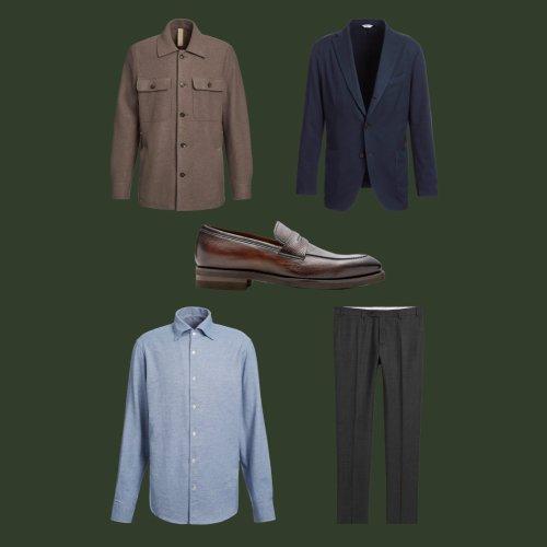 Collage of an overshirt, sport jacket, dress shirt, dress pant, and loafers on a green background