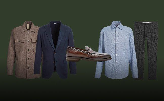 Collage of an overshirt, sport jacket, dress shirt, dress pant, and loafers on a green background