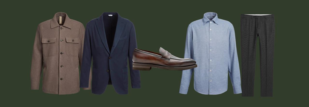 Collage d’une surchemise, d’un veston sport, d’une chemise habillée, d’un pantalon habillé et de mocassins sur un fond vert