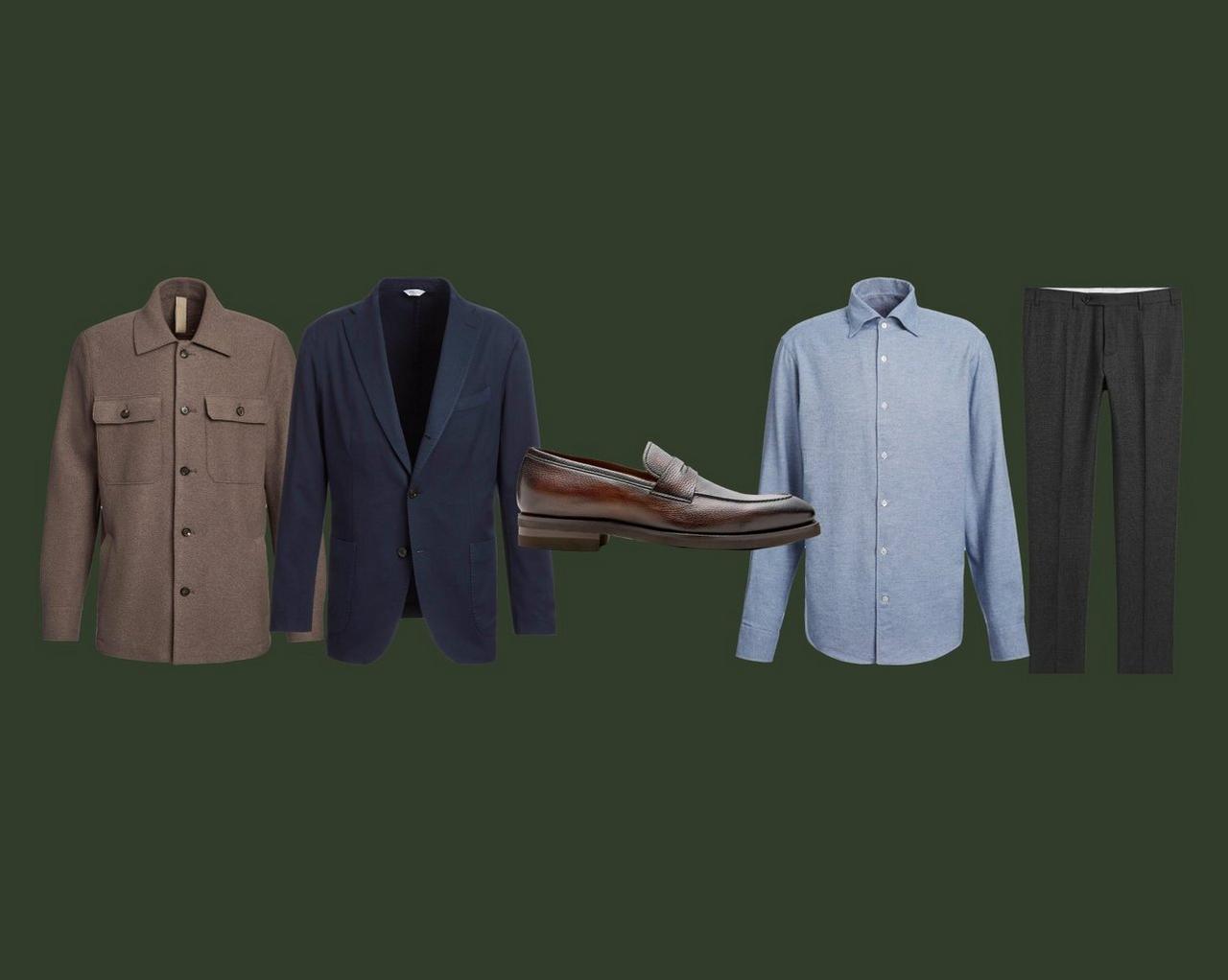 Collage of an overshirt, sport jacket, dress shirt, dress pant, and loafers on a green background