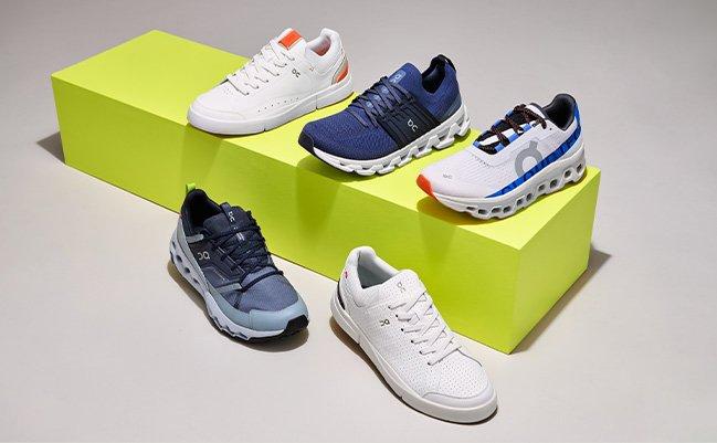 Collage de chaussures On Running sur piédestal jaune