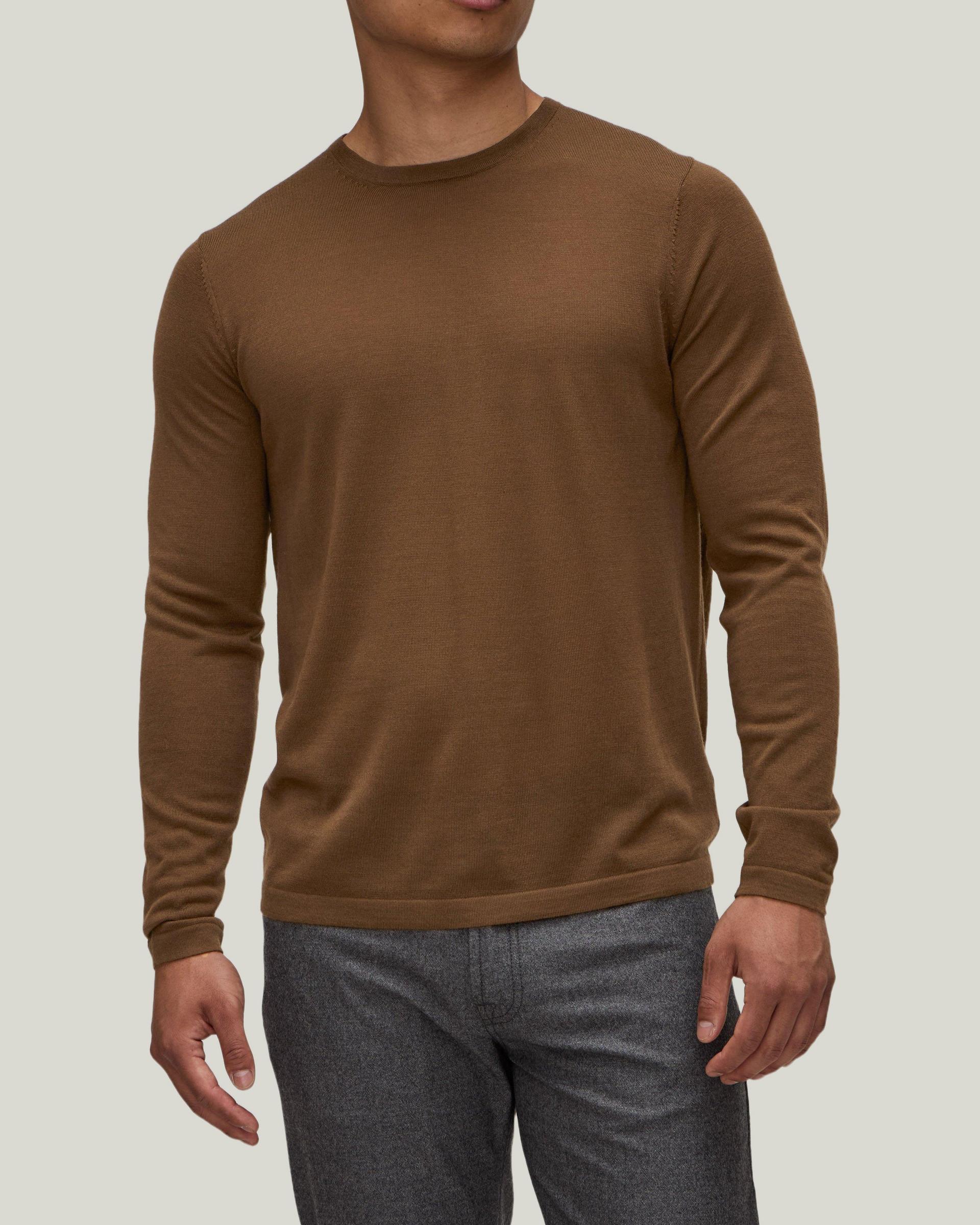 Male model wearing a brown Patrick Assaraf sweater