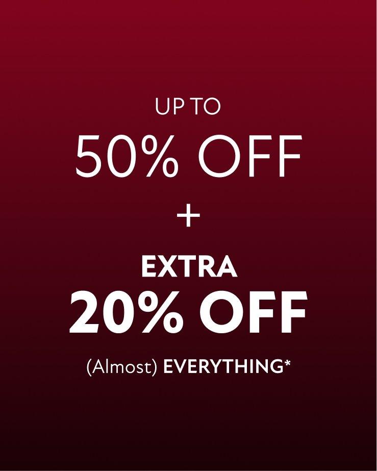 Red and Black background image with sale text up to 50% off additional extra 20% off