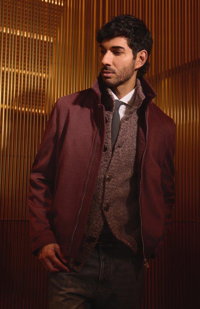 Model wearing a Maroon Pea Coat layered over a textured sweater and tie