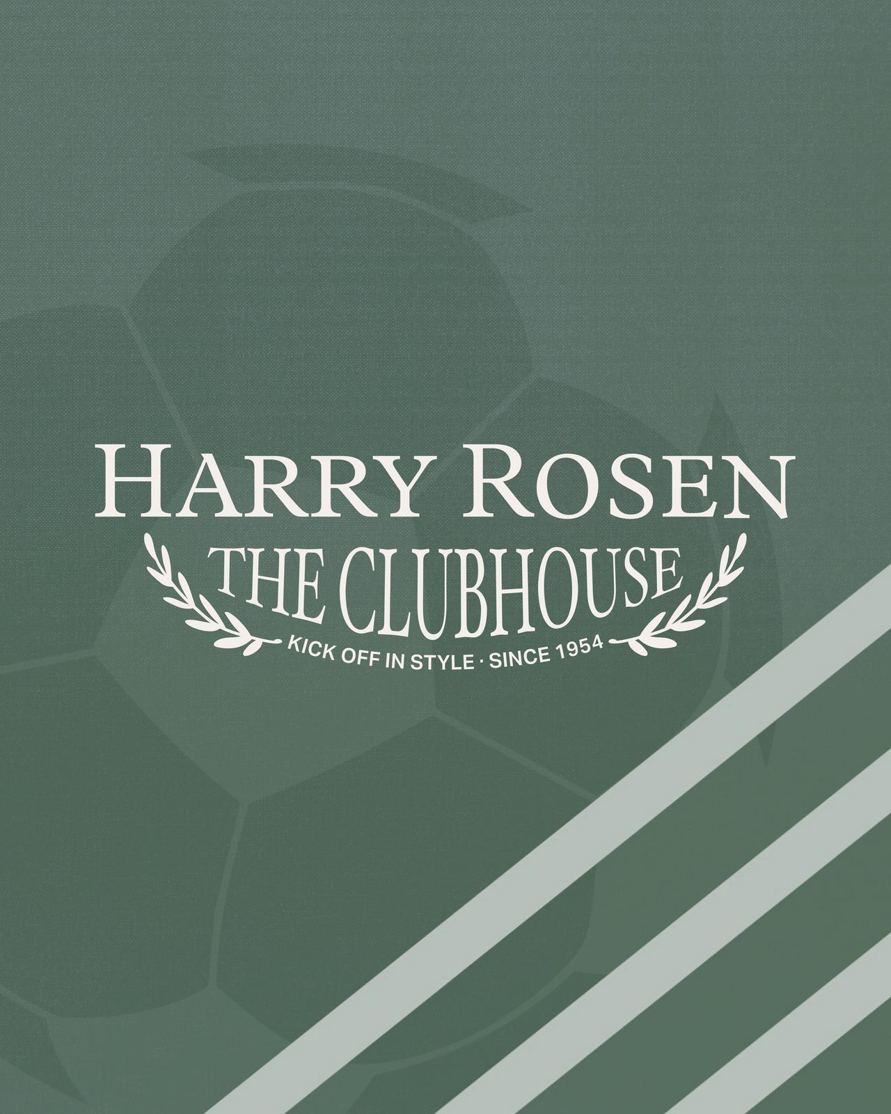Une image de fond vert d’eau montrant le texte Harry Rosen Clubhouse