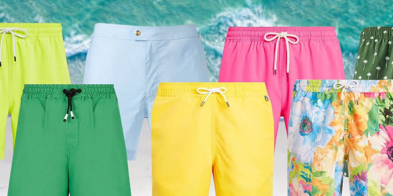 Various product shots of men's swimsuits against beach background