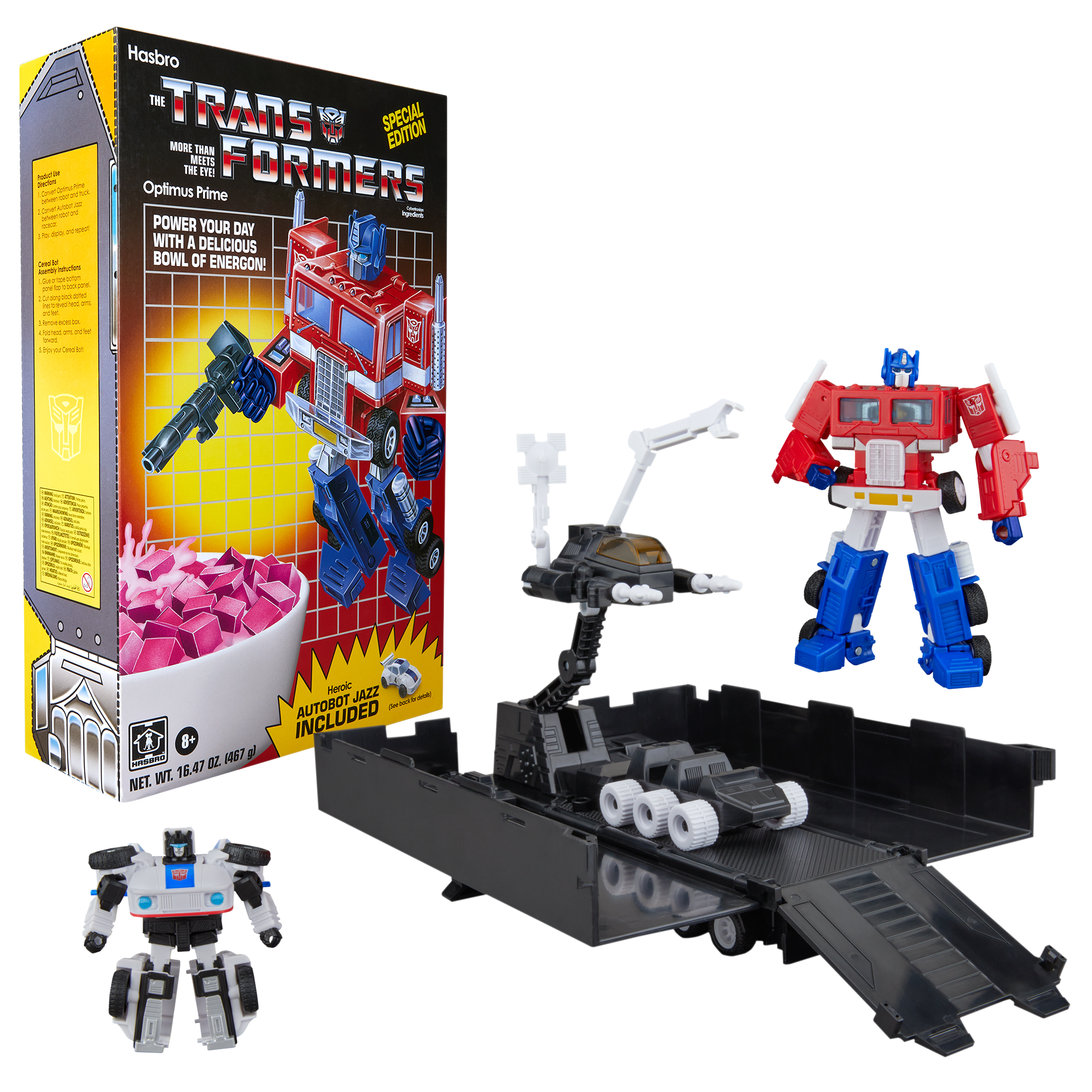 Transformers, Optimus Prime e Autobot Jazz, set con scatola di cereali